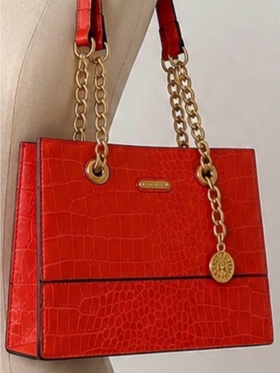 Anne Klein Handbags - Anne Klein Reddish Orange/Coral Croc-Embossed Shoulder Tote with Gold Hardware